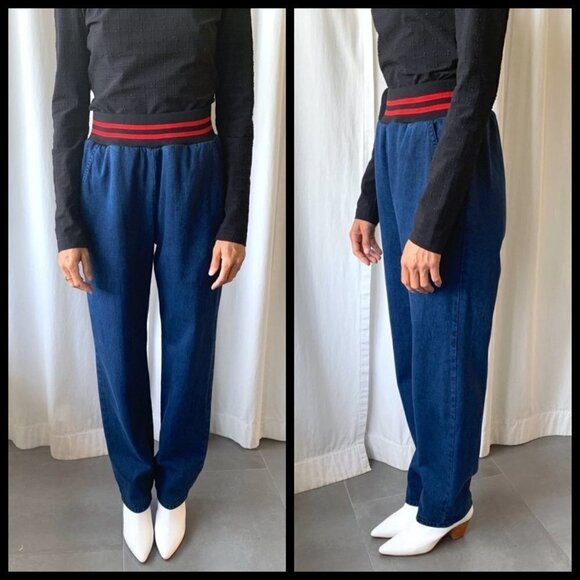 💕RACHEL COMEY💕 Doxa Pant Striped Elastic Waist Acid Wash Denim Navy Large NWT - Picture 5 of 16